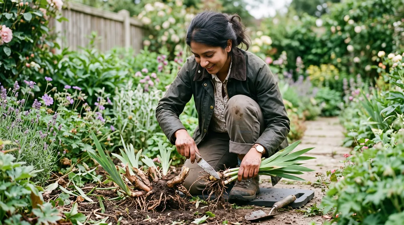 A gardener dividing a bearded iris rhizome by cutting a young fan away from the old clump with a knife