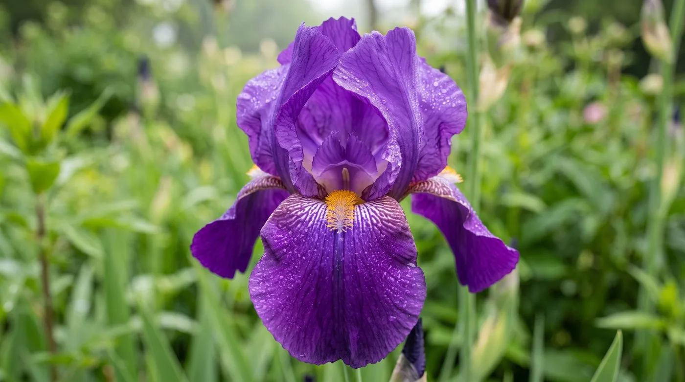 A close-up of a single purple bearded iris flower showing the upright standards, the lower falls, and the fuzzy beard