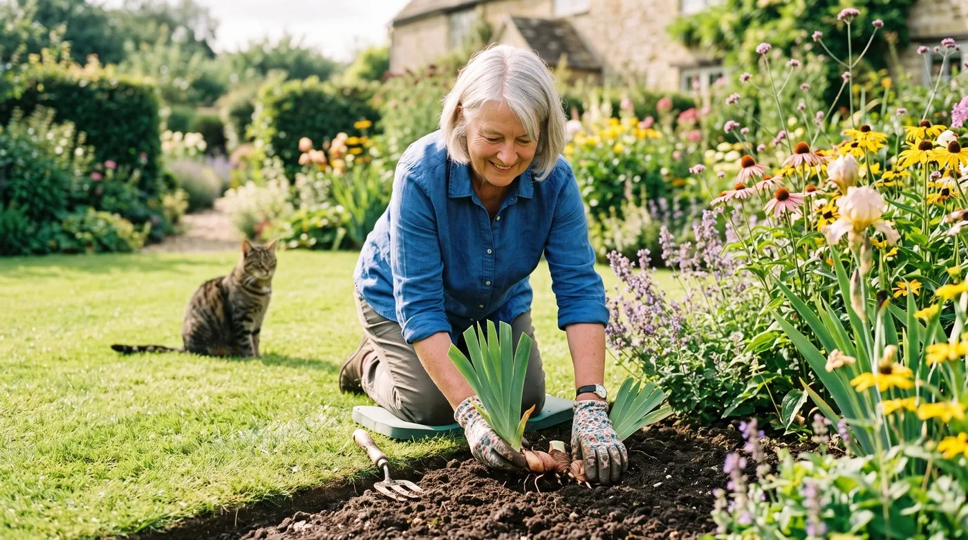 A gardener replanting divided bearded iris fans in a sunny border with a cat sitting nearby
