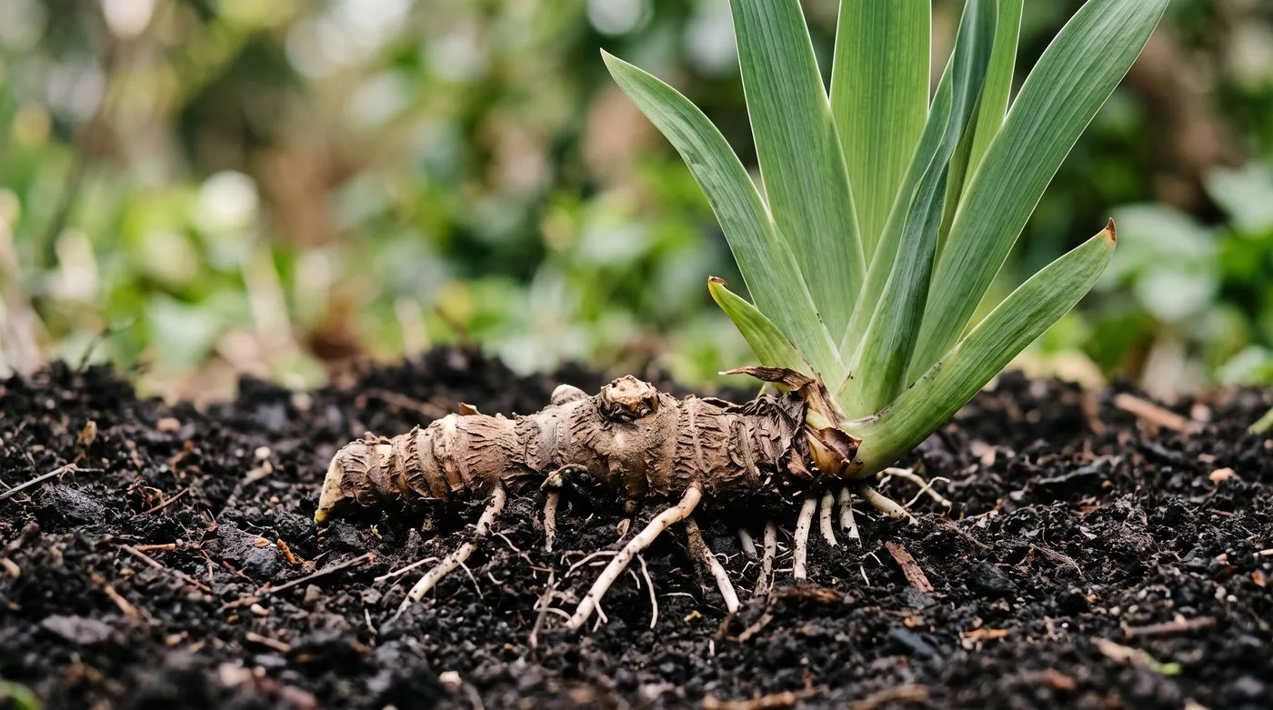 A bearded iris rhizome planted correctly with its top surface exposed above the soil and roots spread below