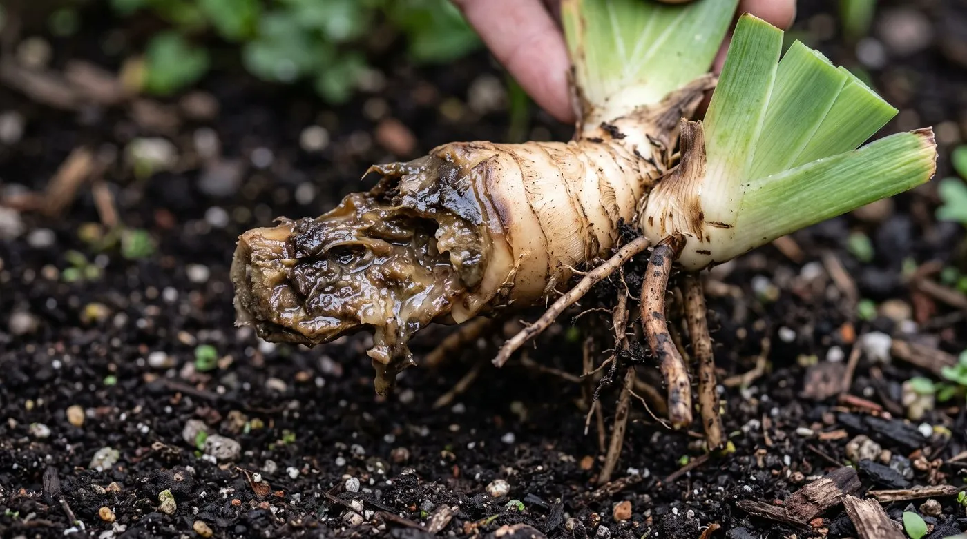 A bearded iris rhizome showing soft brown bacterial rot, a common problem in wet soil
