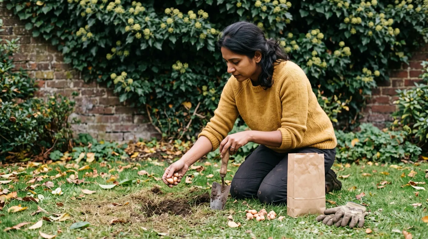Gardener planting crocus corms into a suburban lawn in October below flowering ivy, the two UK bee forage gaps