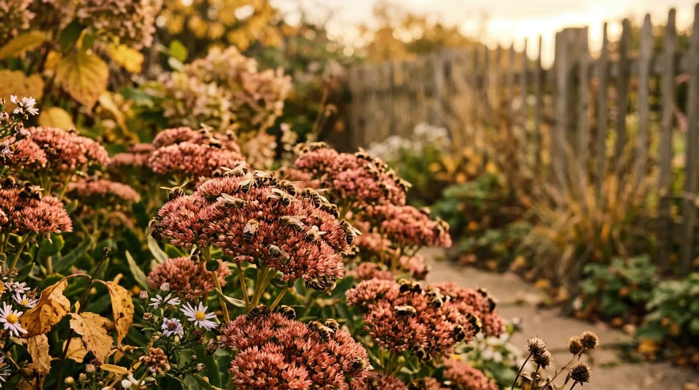 Bee-friendly sedum Autumn Joy flower heads in warm golden October light in a British garden