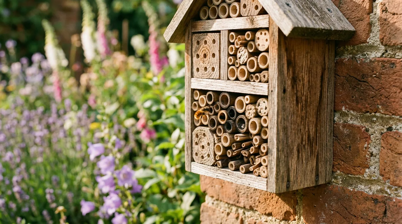 Wooden bee hotel mounted on a sunny brick garden wall with a solitary bee entering