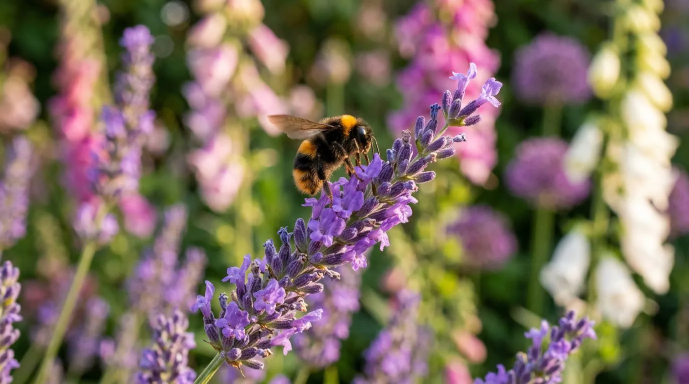 Close-up of a bumblebee on a lavender flower spike with foxgloves and alliums in the background