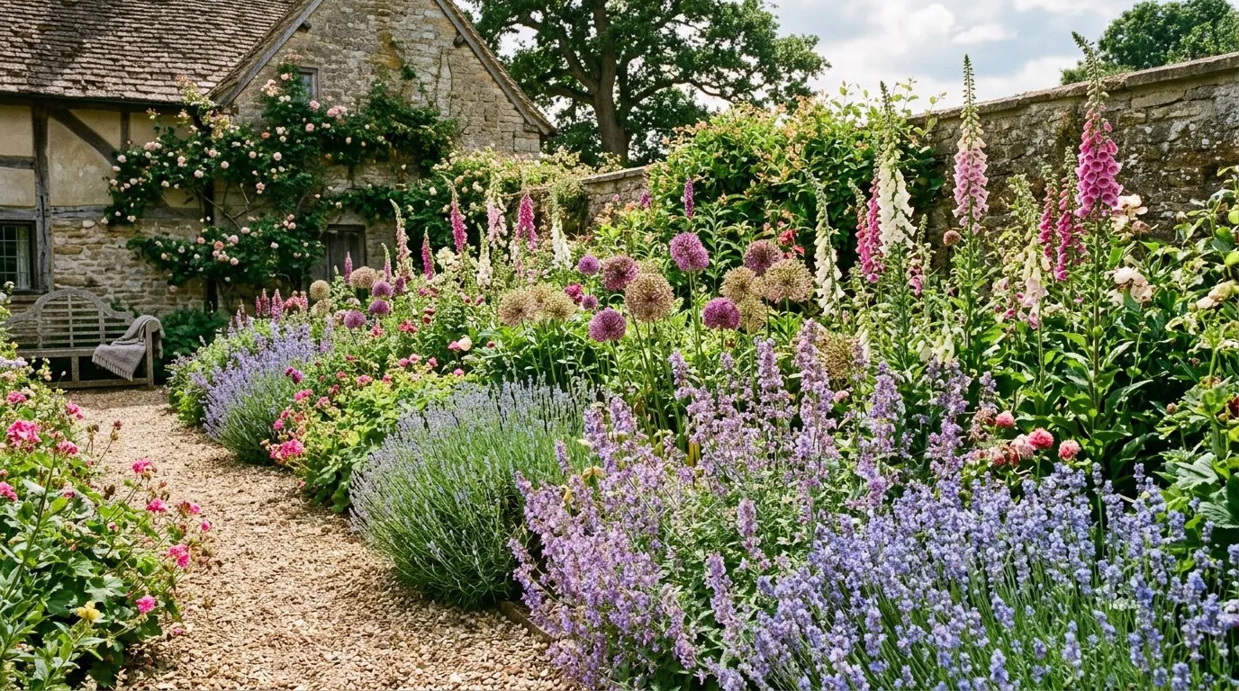 Bee-friendly cottage garden border densely planted with foxgloves, catmint, alliums and lavender