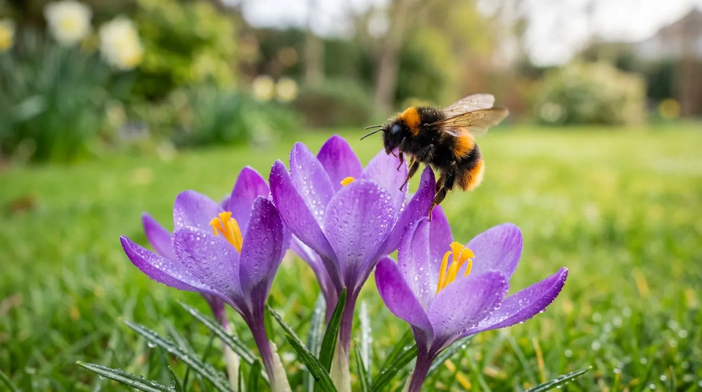 Bumblebee landing on purple crocus flowers in early spring with morning dew on petals