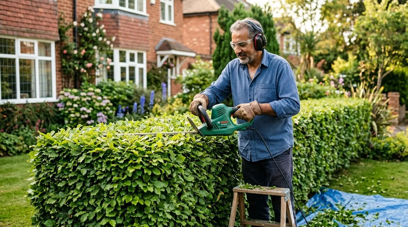 Gardener trimming a beech hedge with a hedge cutter in August wearing gloves and eye protection in a suburban Midlands garden