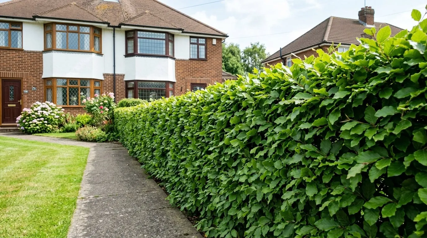 Crisp clipped green beech hedge along a suburban front garden in summer sun