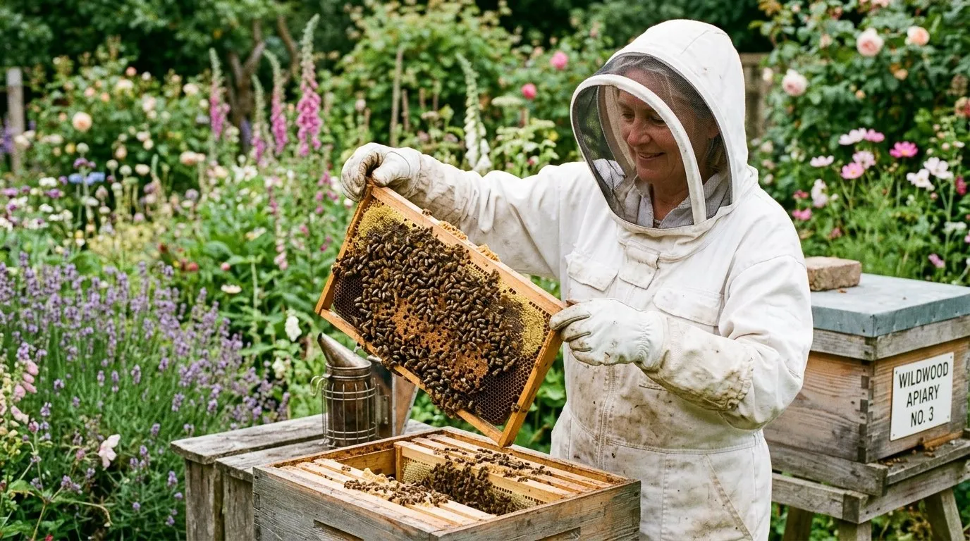 Beekeeper inspecting a beehive frame covered in honey bees in a UK garden