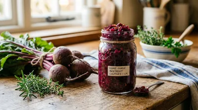Beetroot chutney in glass Kilner jars with fresh garden beetroot apples and warming spices on a UK kitchen worktop