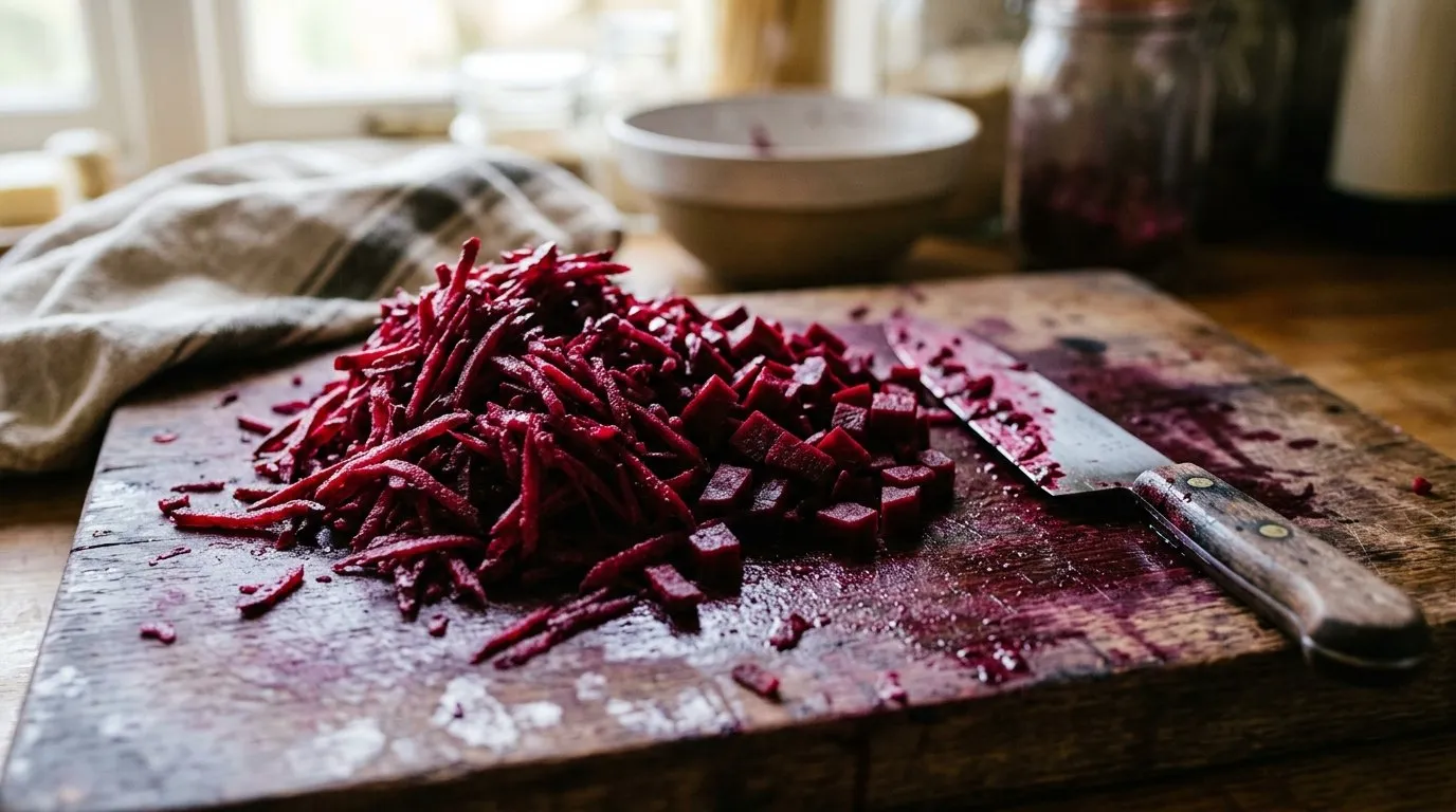 Fresh UK beetroot grated and chopped on a wooden chopping board for homemade chutney