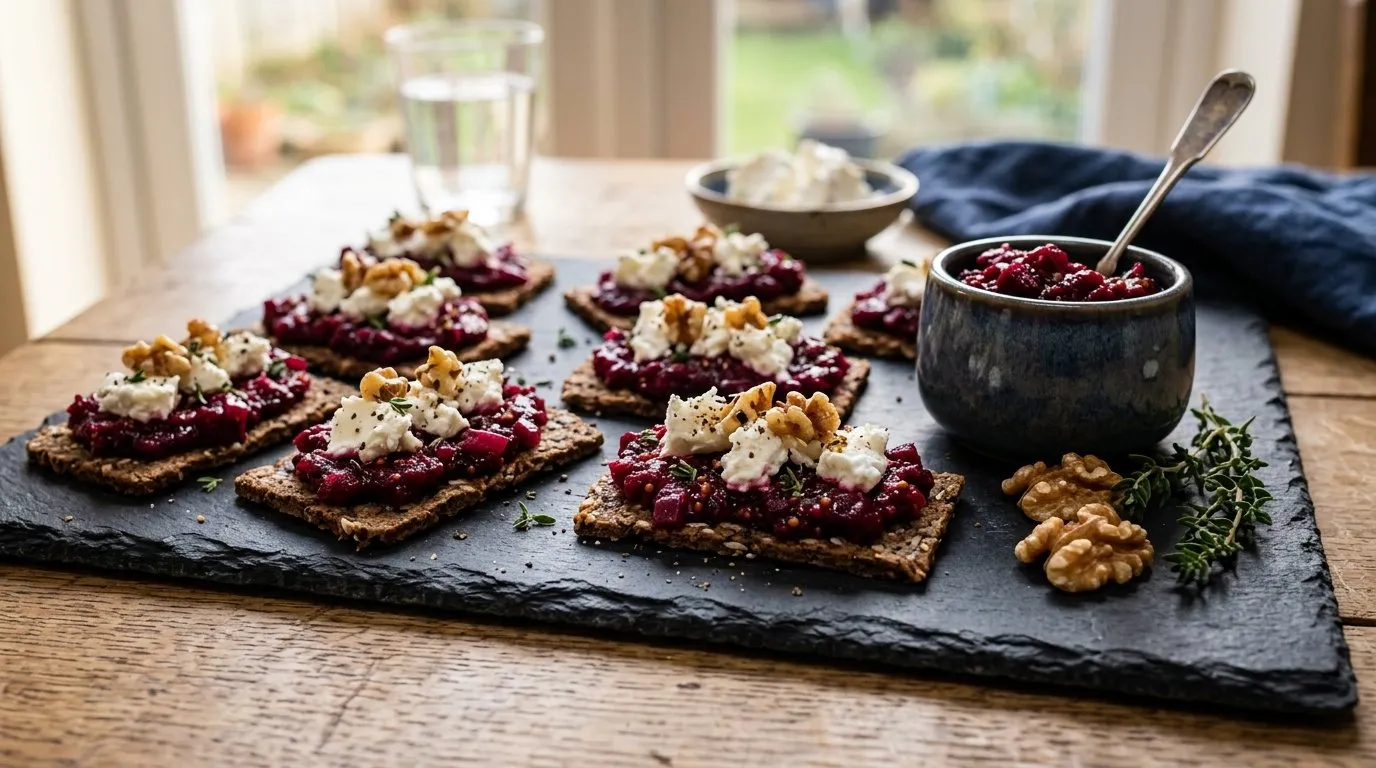 UK beetroot chutney spread on rye crackers with goats cheese and walnut on a slate board