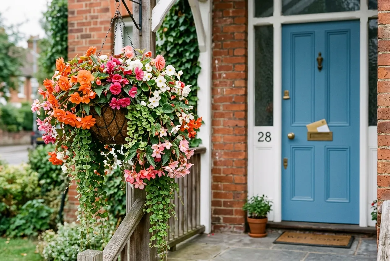 Trailing begonias in orange, pink and white cascading from a hanging basket on a UK suburban porch