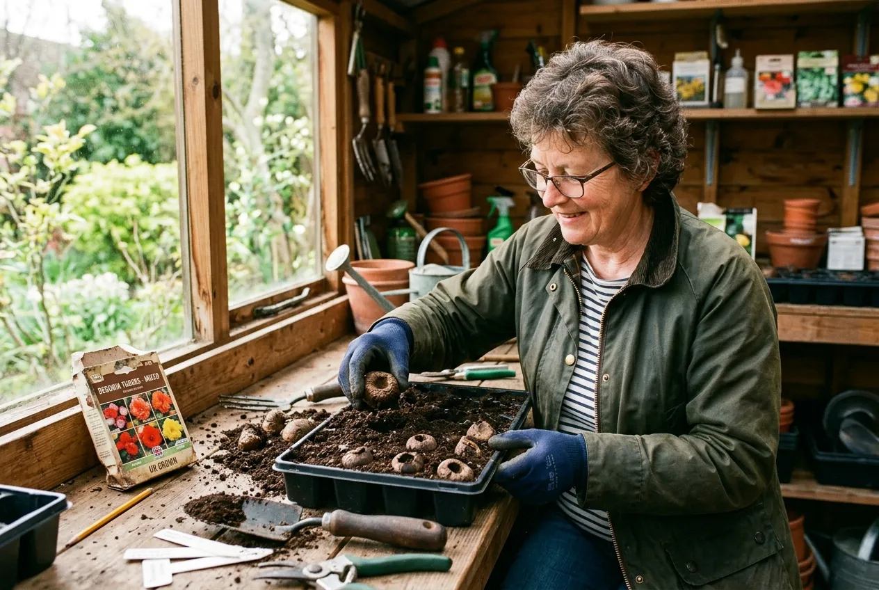 A gardener planting begonia tubers hollow-side-up in a seed tray of compost on a potting bench