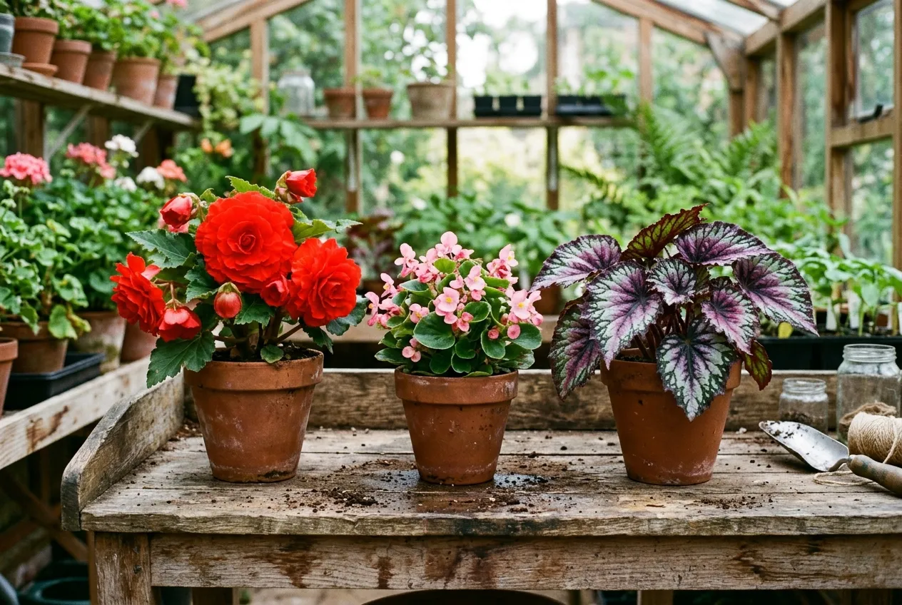 Three types of begonias displayed in terracotta pots showing tuberous, fibrous and rex varieties for comparison