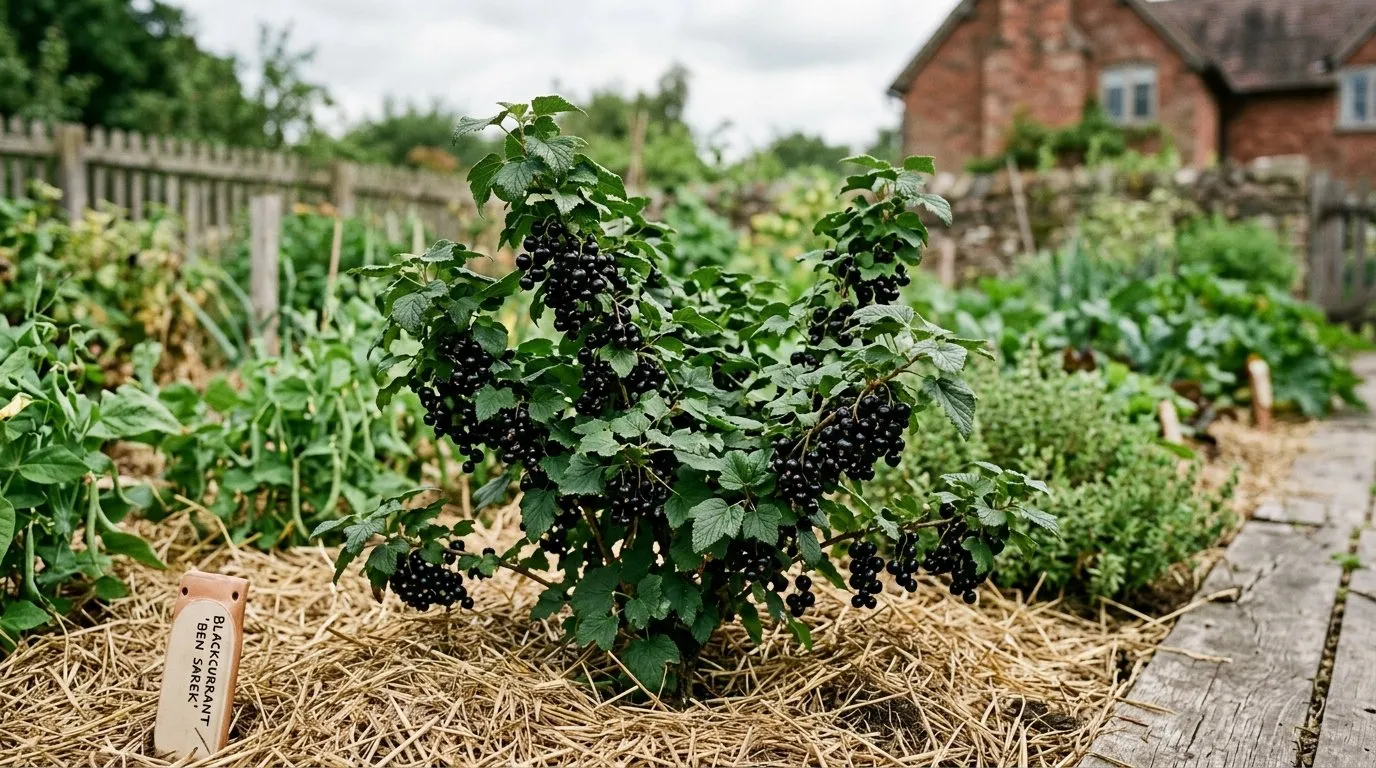 Ben Sarek blackcurrant bush, a compact dwarf variety under 1.2m tall in a UK kitchen garden