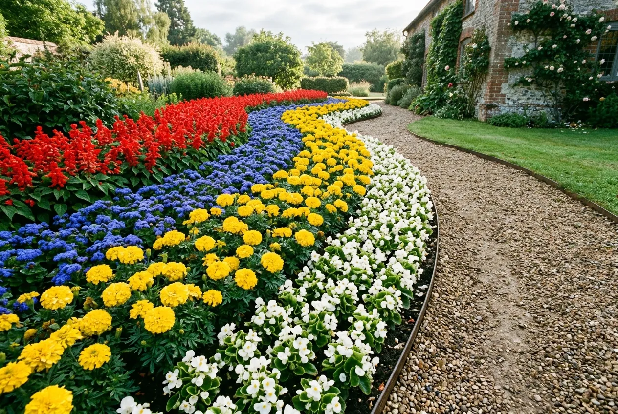 A formal annual bedding display in a UK garden with rows of salvias, marigolds, ageratum and begonias