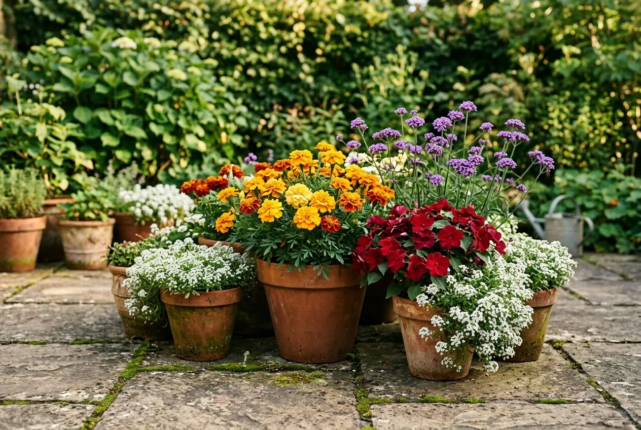 Annual bedding plants in terracotta pots on a UK patio with marigolds, impatiens and alyssum