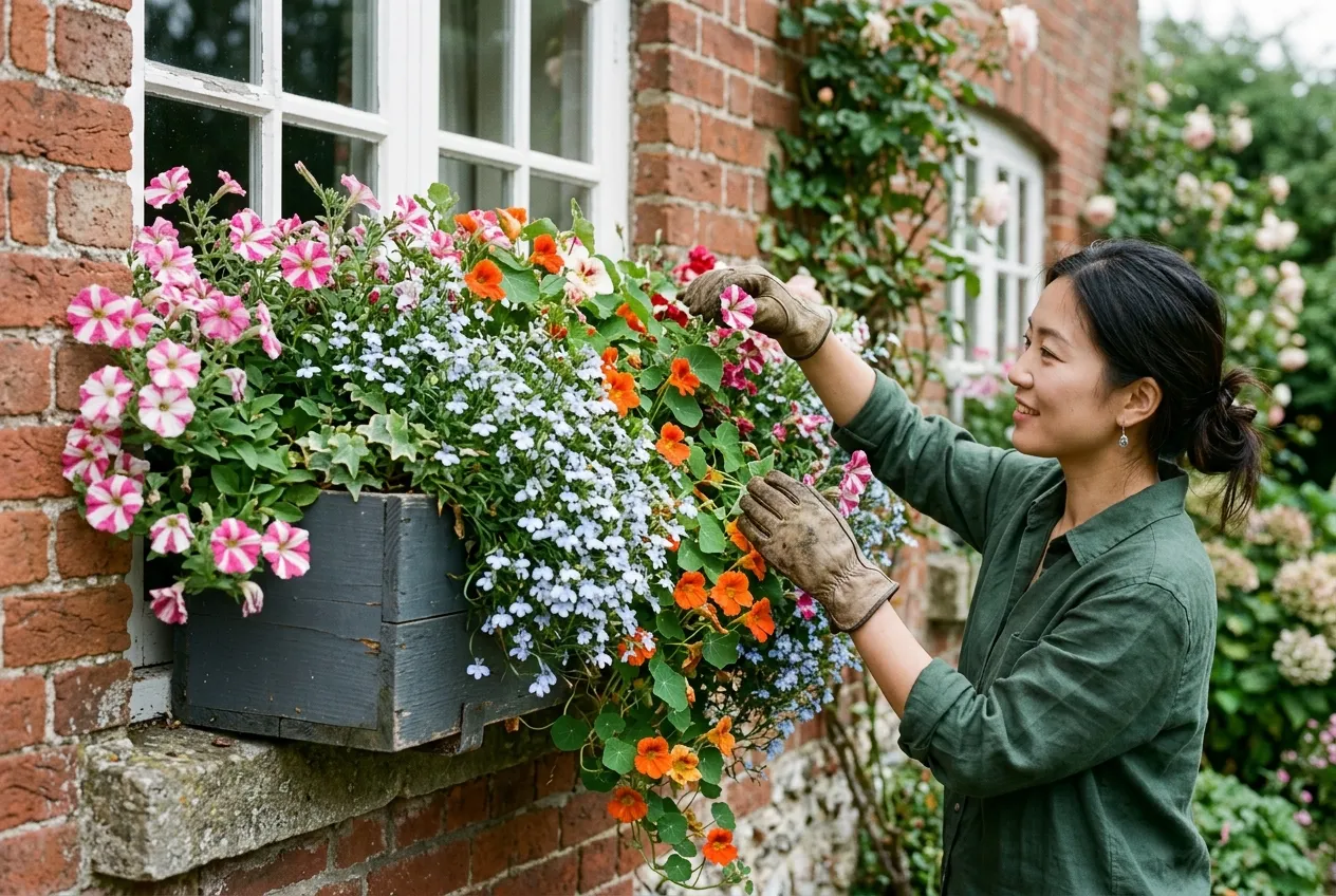 Annual bedding plants in a window box with trailing petunias and lobelia on a UK cottage