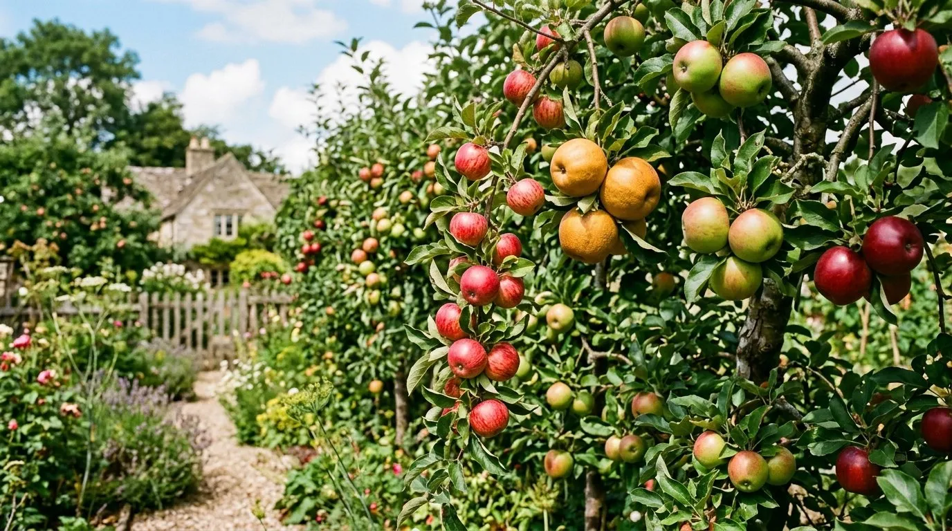 UK garden scene showing best apple varieties garden in seasonal context