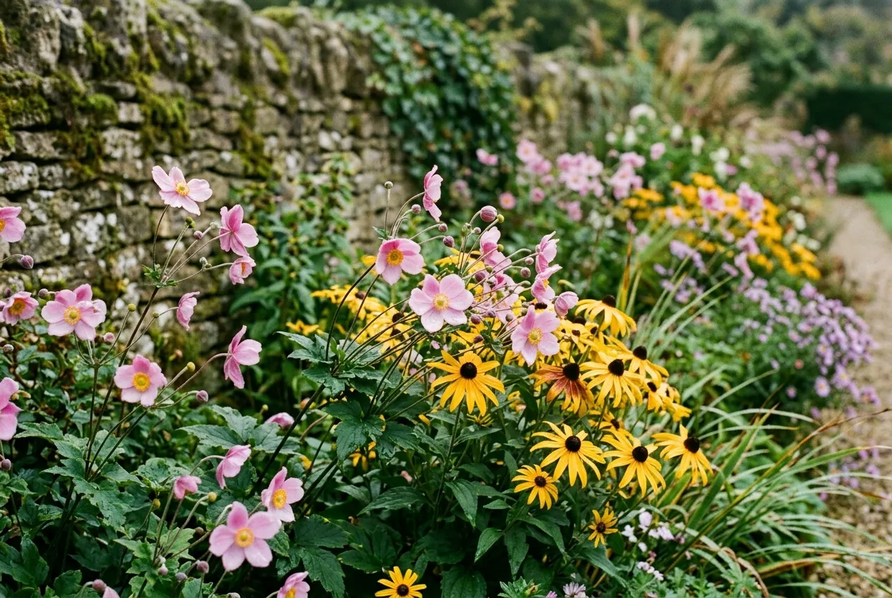 Japanese anemones and Rudbeckia growing in a UK cottage garden border with pink and golden flowers