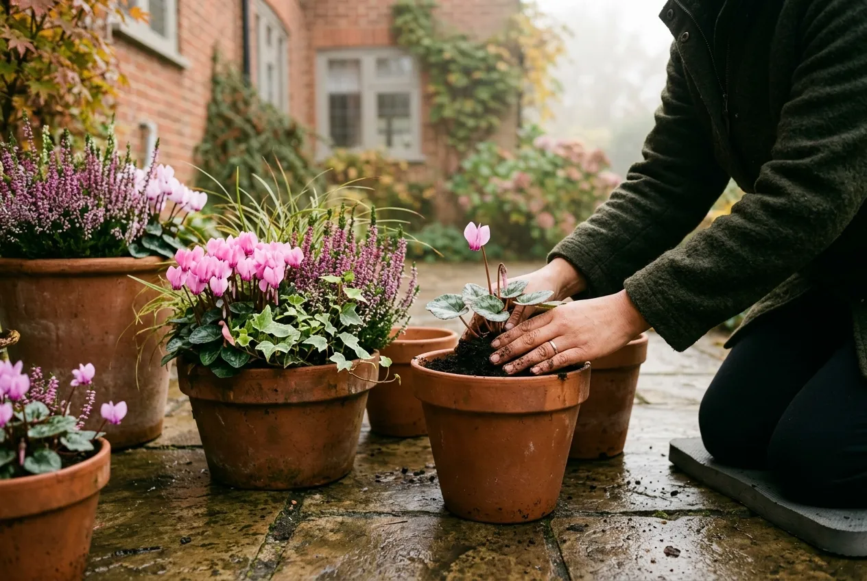 Cyclamen and heather in autumn containers on a UK patio with terracotta pots and pink blooms