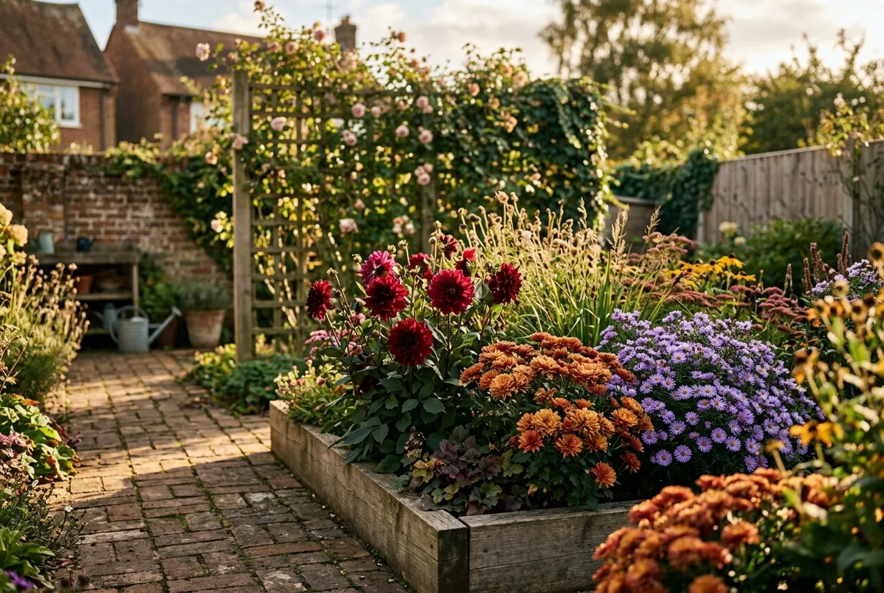 Autumn dahlias and chrysanthemums flowering in a UK raised bed garden with bronze and crimson blooms