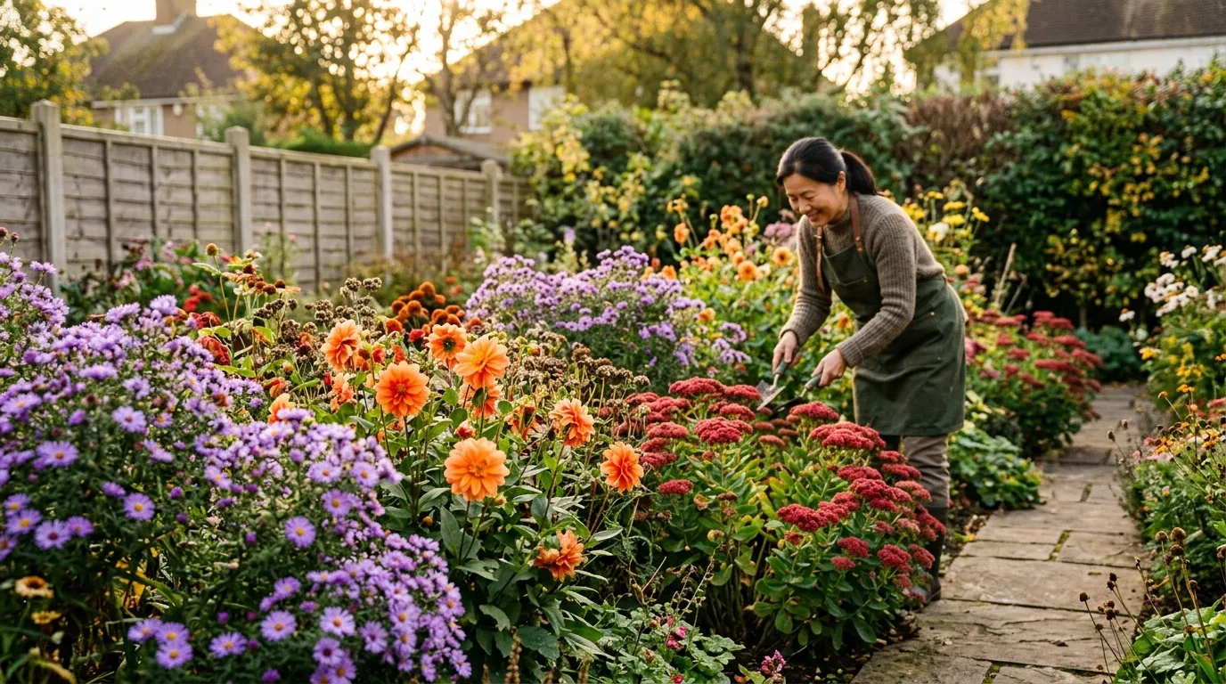 Autumn flowers blooming in a UK suburban garden border with purple asters, orange dahlias, and red sedums