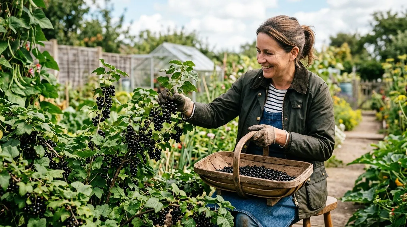 UK garden scene showing best blackcurrant varieties in seasonal context