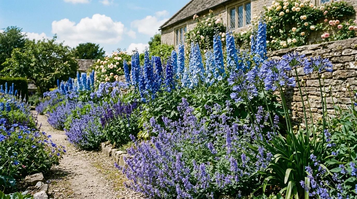Blue flowers UK border with delphiniums, agapanthus and nepeta in summer sunshine