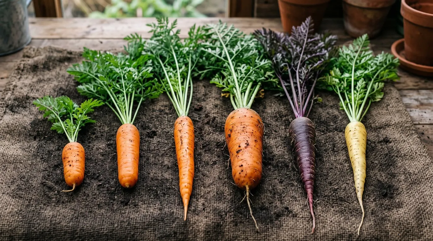 Six distinct carrot types arranged from short baby roots to long maincrop carrots