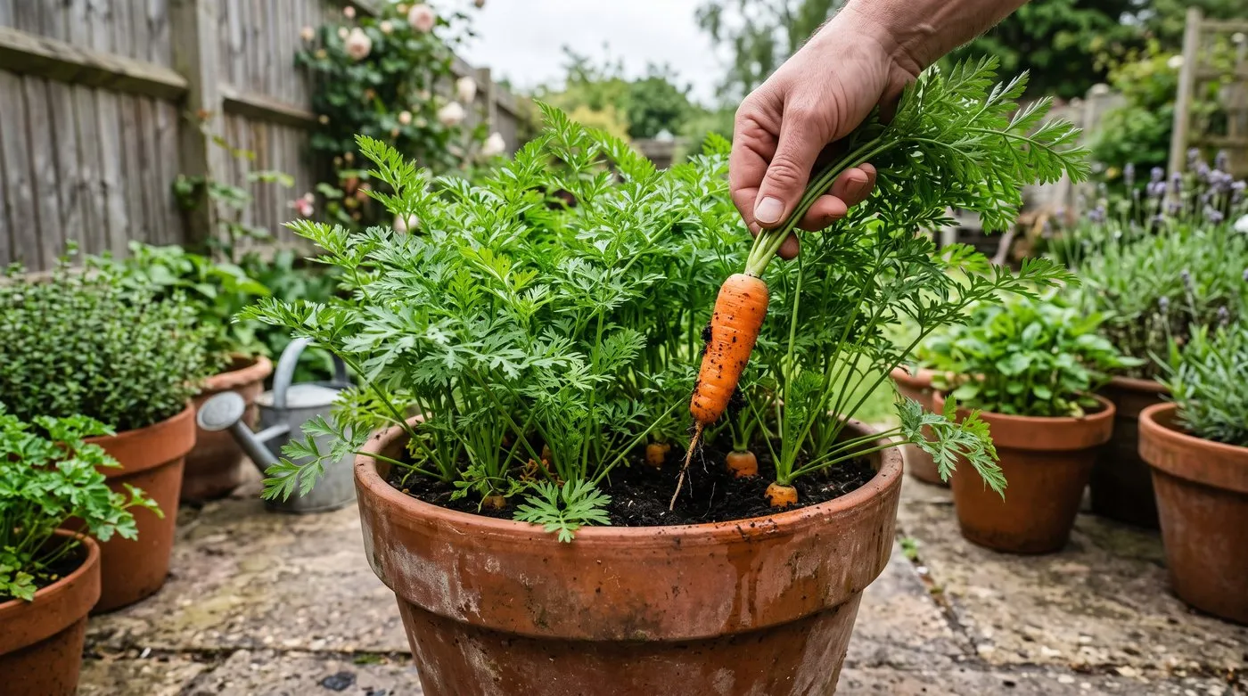 Short Early Nantes style carrots growing in a deep terracotta container on a British patio