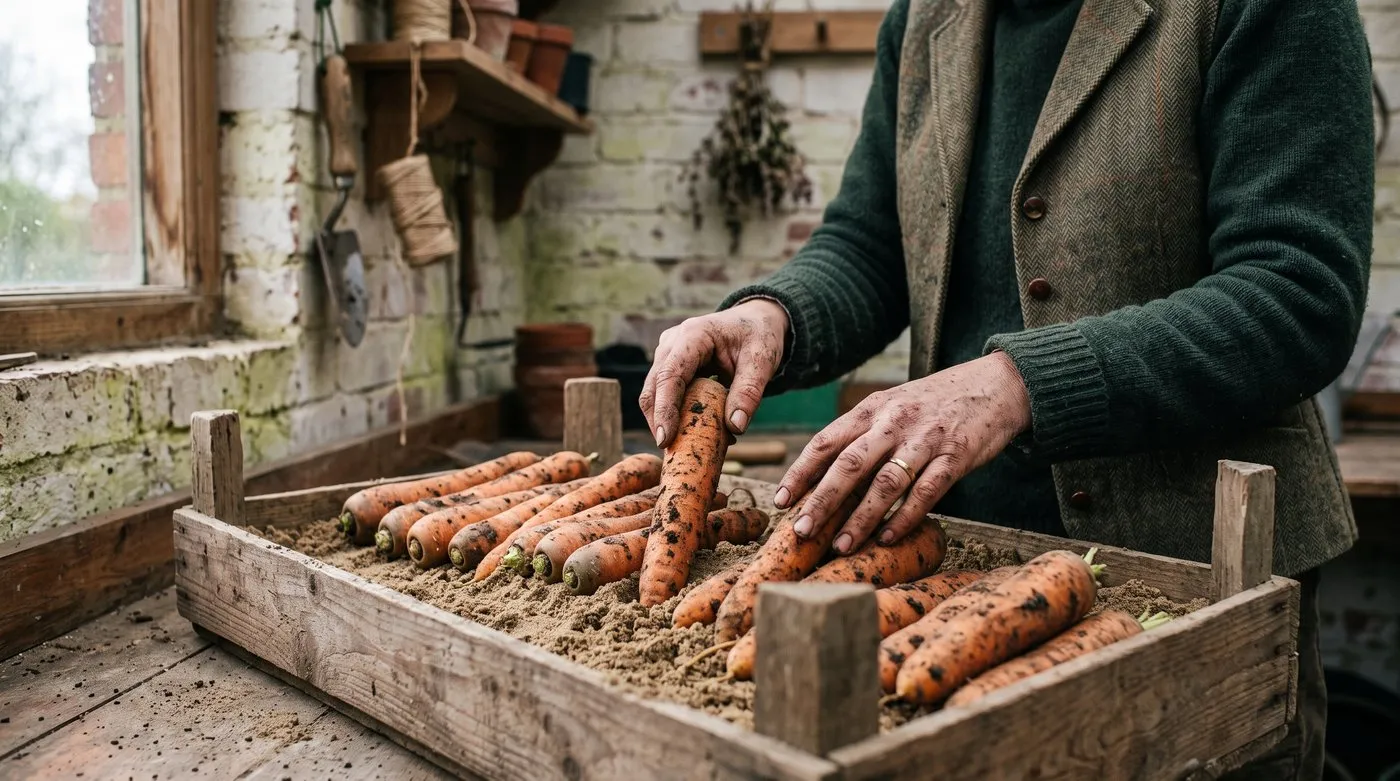 Large clean maincrop carrots being layered into a wooden box of sand for winter storage
