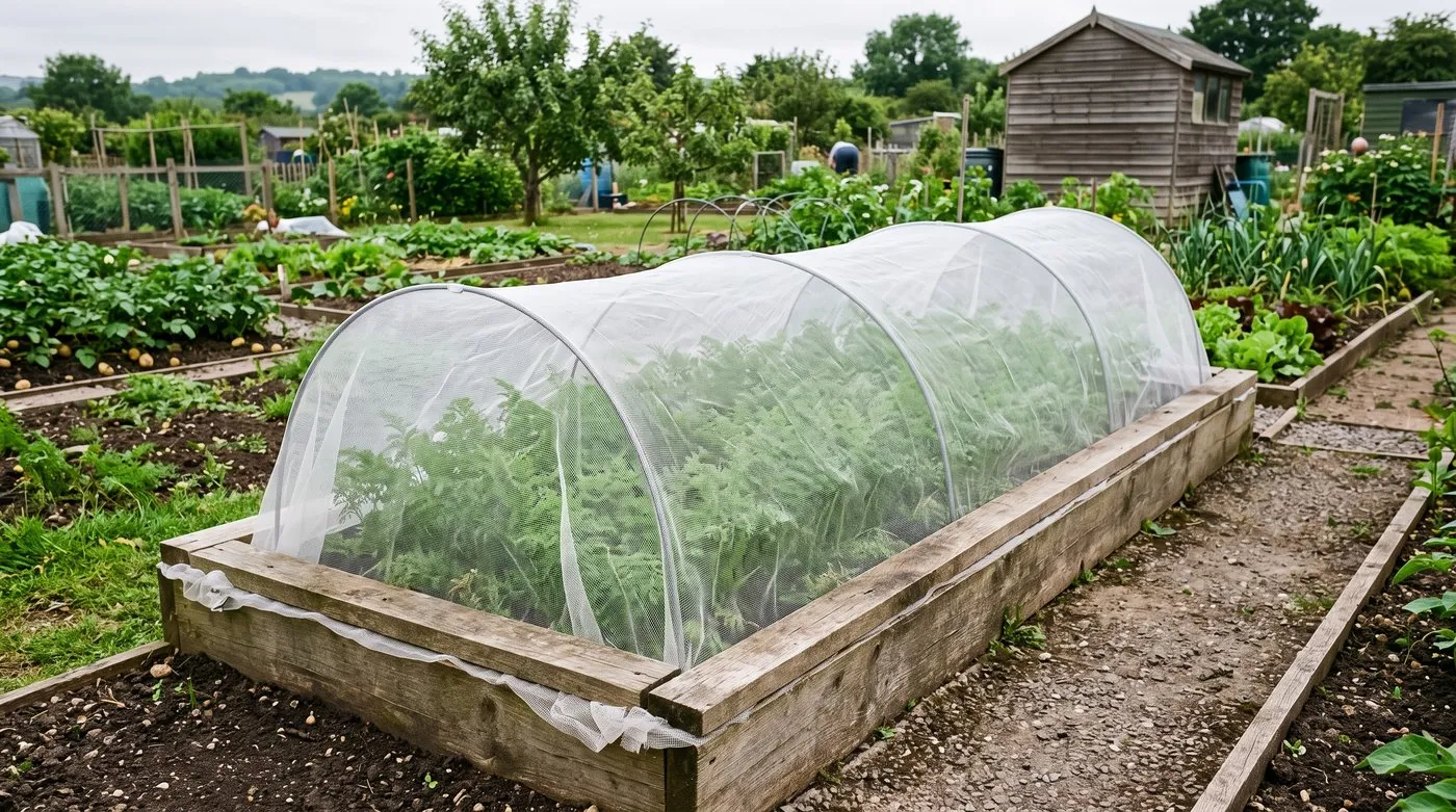 Carrot bed completely protected by fine insect mesh with the edges sealed by wooden boards
