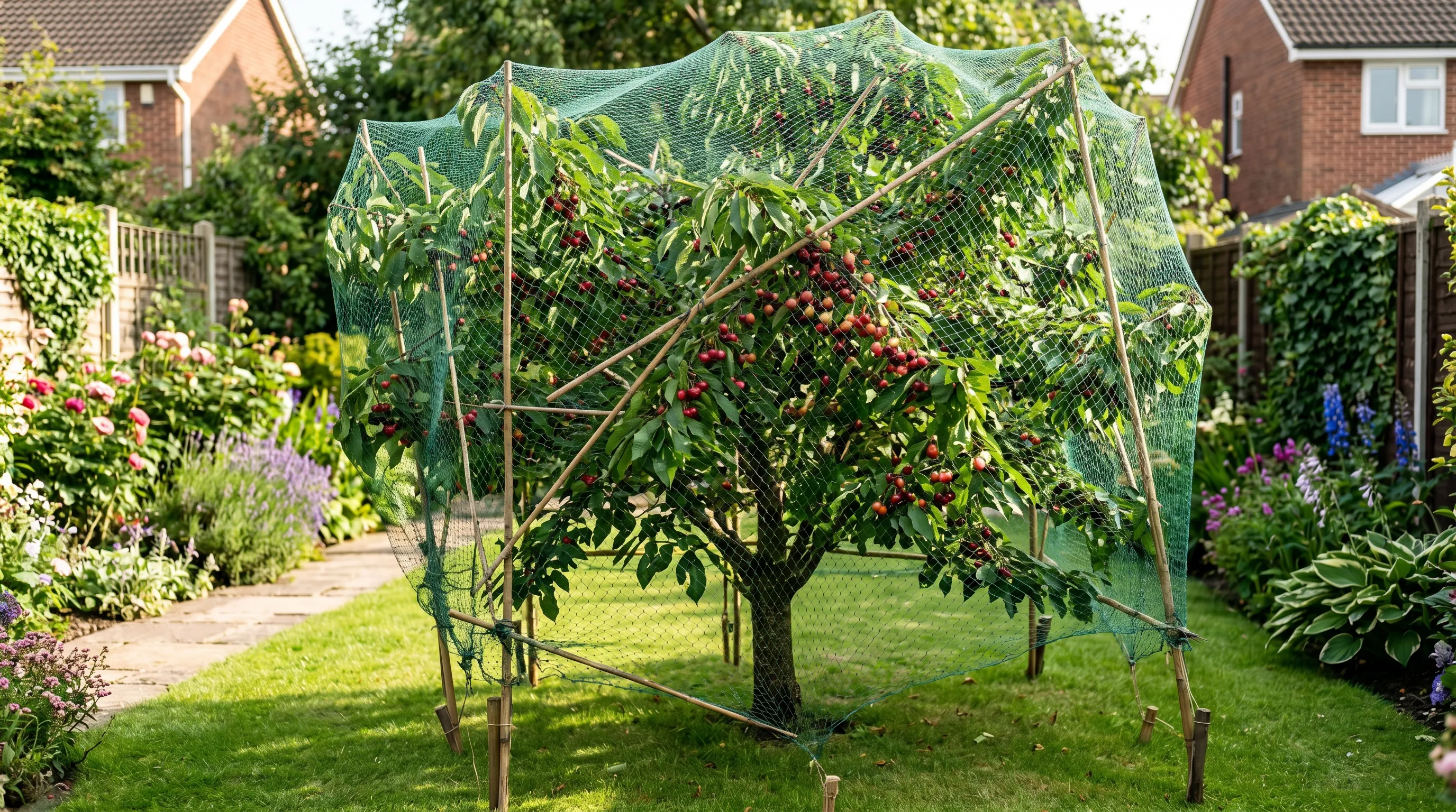 A UK garden cherry tree with fine green plastic bird netting draped over the canopy, supported by bamboo canes, protecting ripening cherries from blackbirds