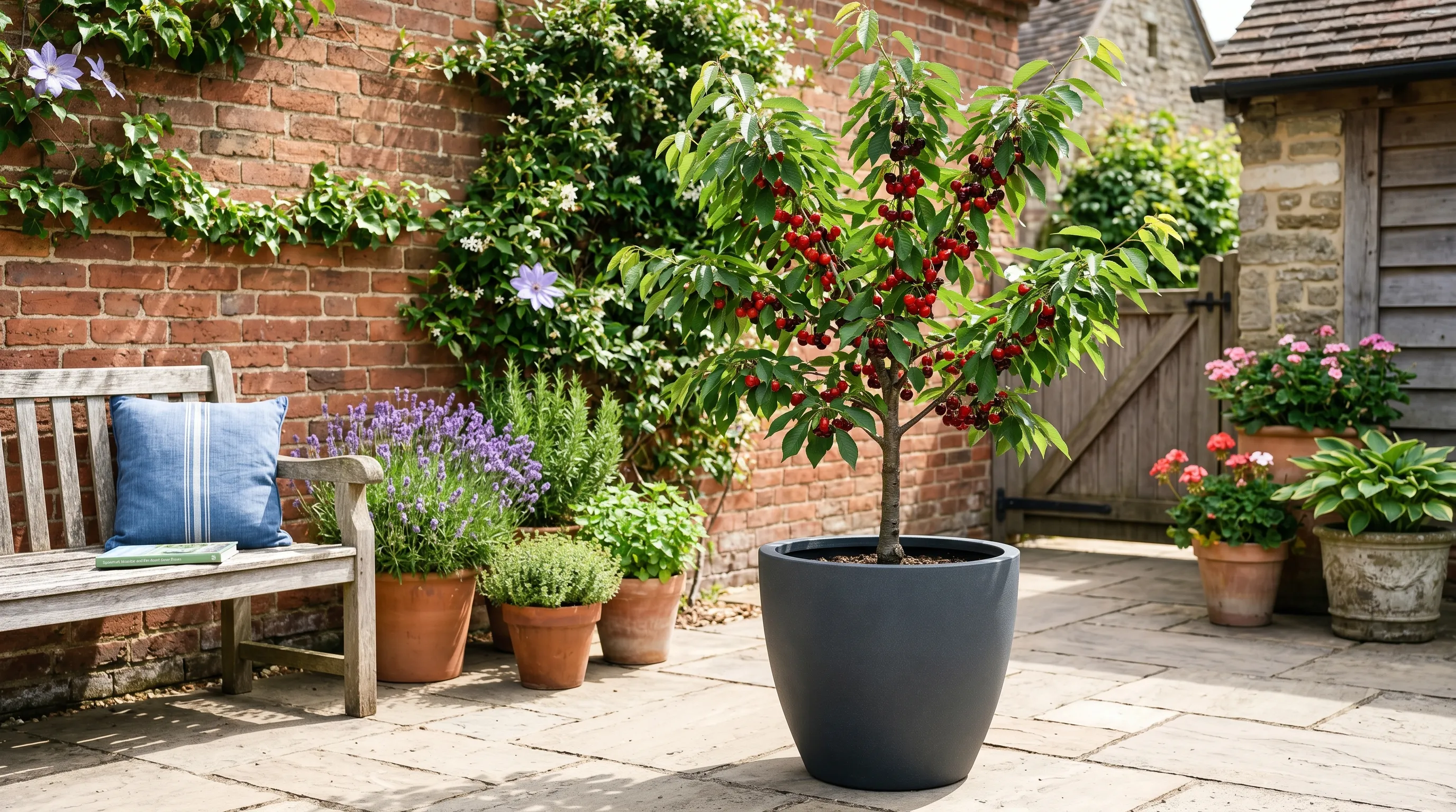 A dwarf Gisela 5 cherry tree in a large grey pot on a UK courtyard patio with ripening cherries, surrounded by terracotta herb pots and Yorkstone paving