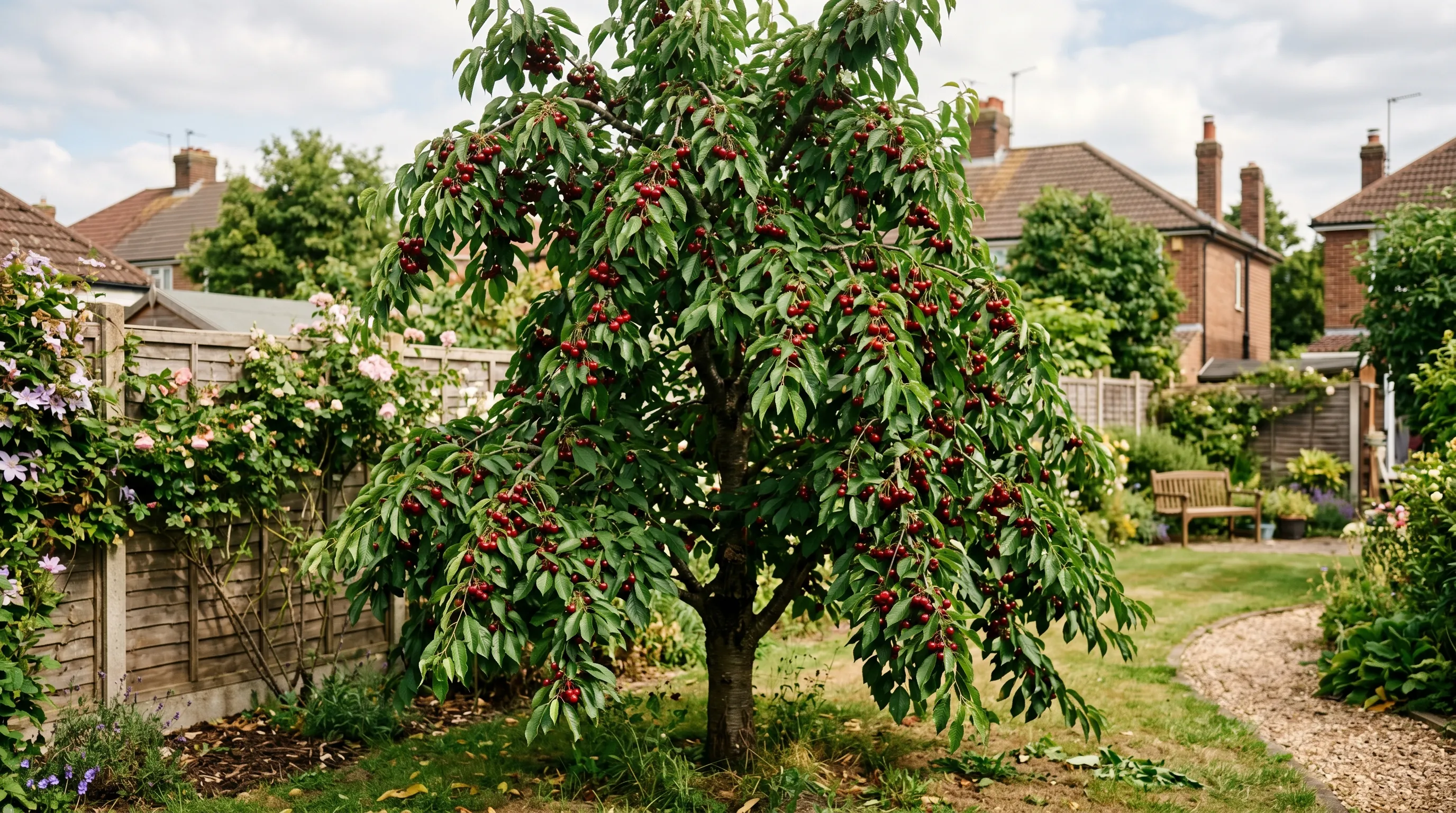 A mature Stella self-fertile cherry tree about 4m tall in a UK back garden, heavily laden with deep-red ripening cherries in early July