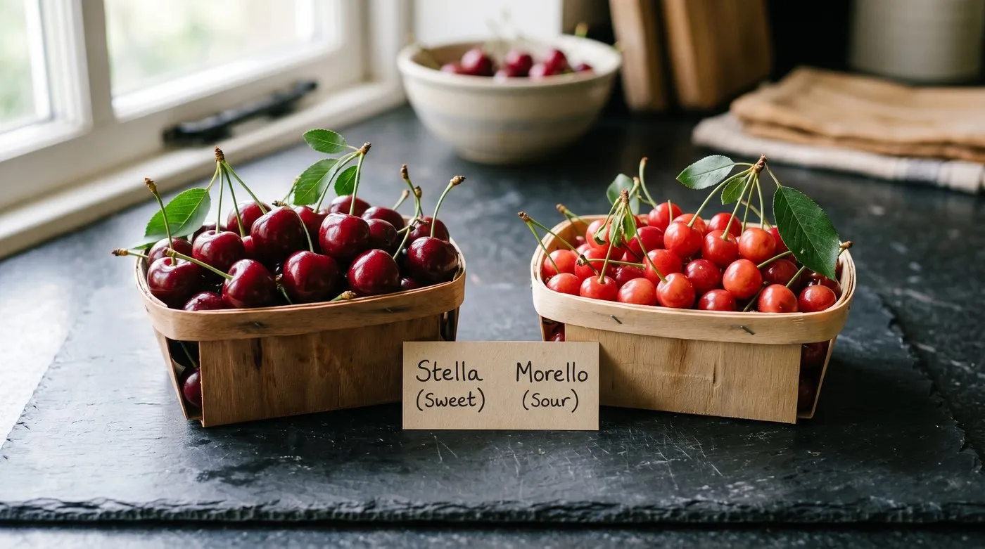 Side-by-side close-up of bright glossy red sweet cherries in a wooden punnet next to paler smaller translucent red sour Morello cherries on a slate kitchen surface