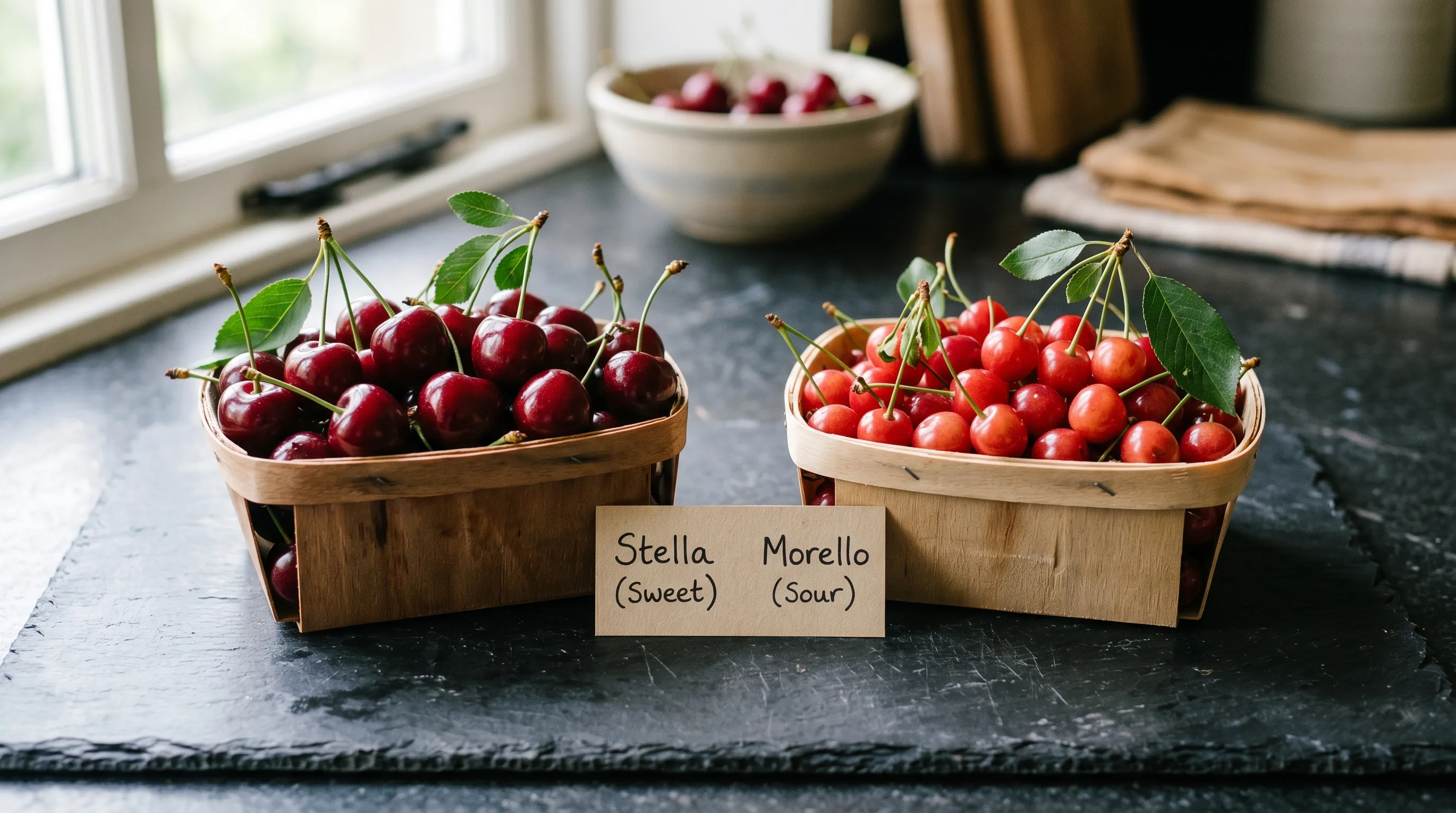 Side-by-side close-up of bright glossy red sweet cherries in a wooden punnet next to paler smaller translucent red sour Morello cherries on a slate kitchen surface