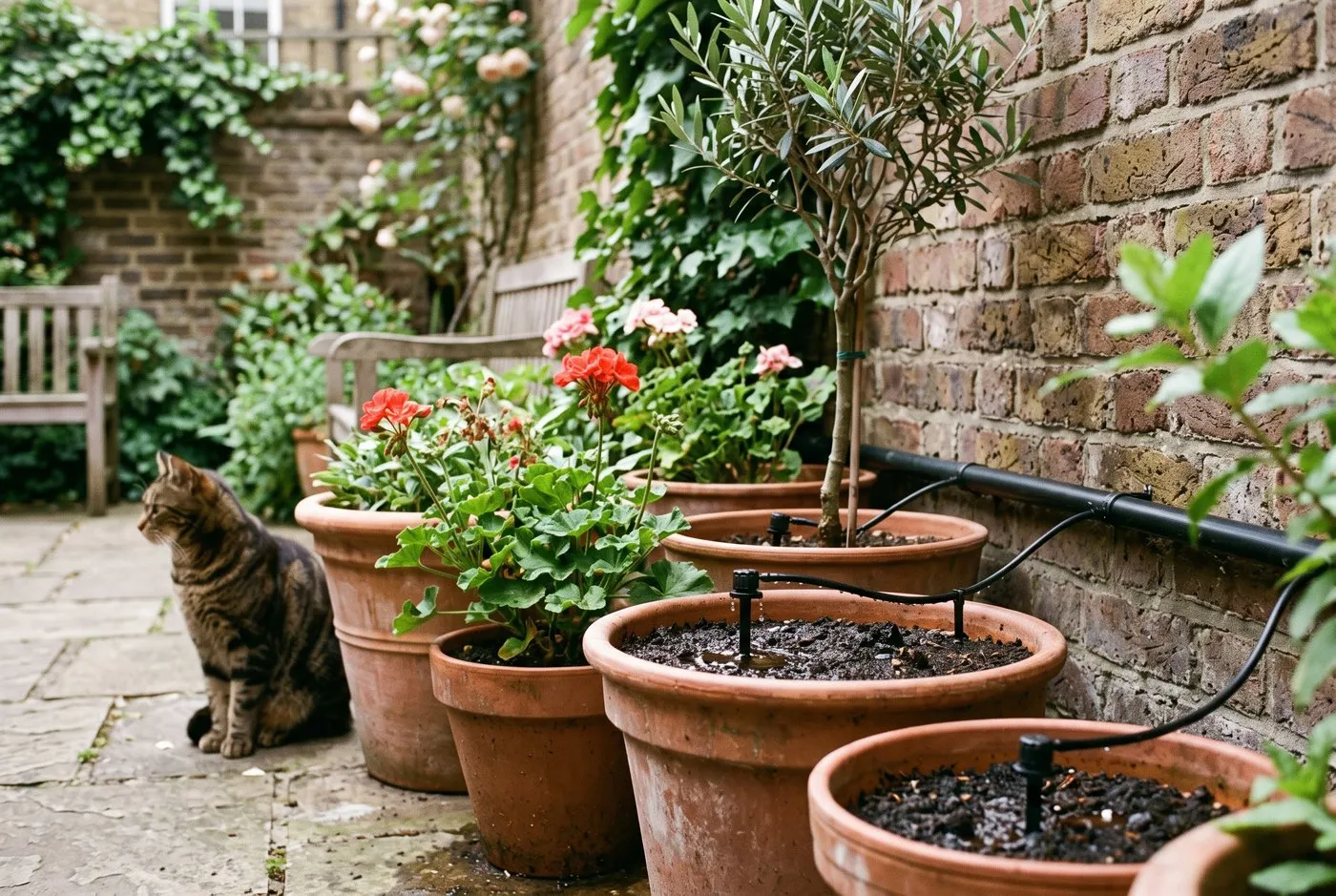 Micro-drip irrigation line watering terracotta patio pots with a cat sitting beside them in a city courtyard