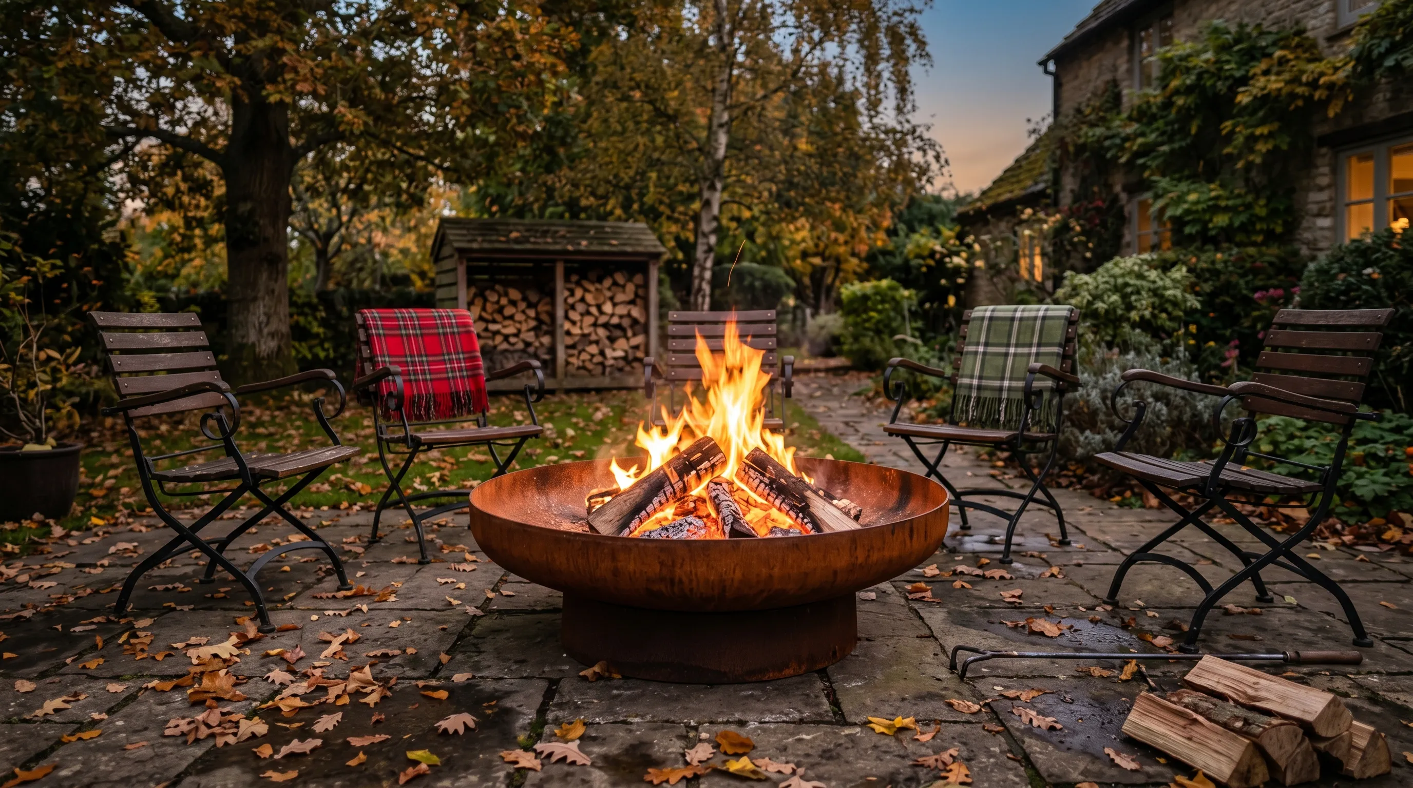 UK autumn evening scene with a 90cm corten steel fire pit ablaze in a paved garden, three garden chairs arranged around it, leaves on the ground and a small log store nearby