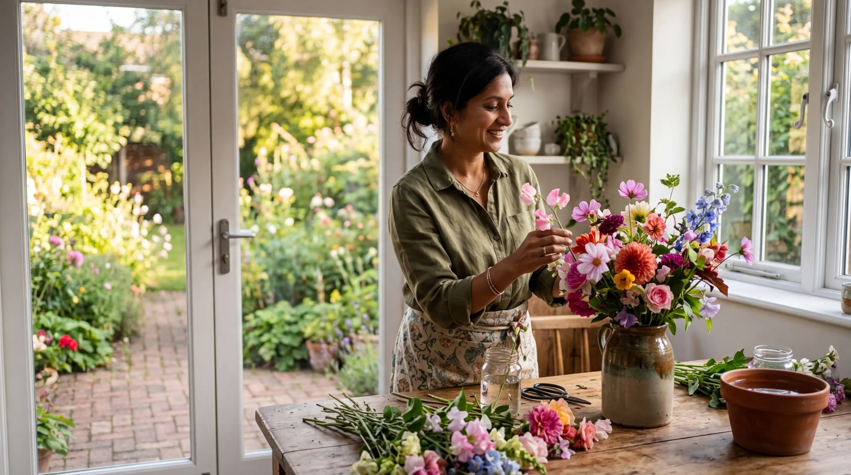 Best flowers for cutting UK arranged in a vase on a kitchen table with a garden visible through the window