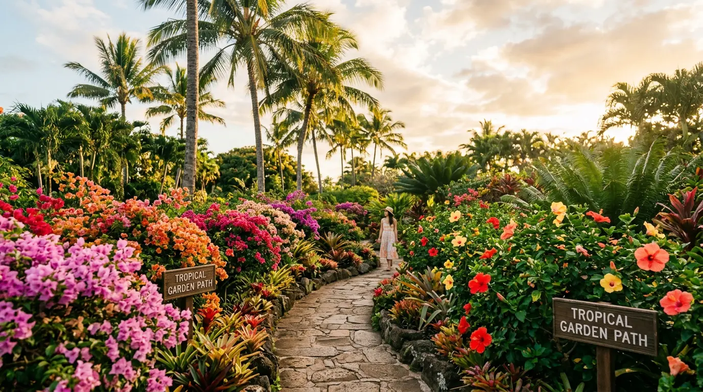 Best gardens in the world tropical botanical garden with palm trees and colourful flowering borders