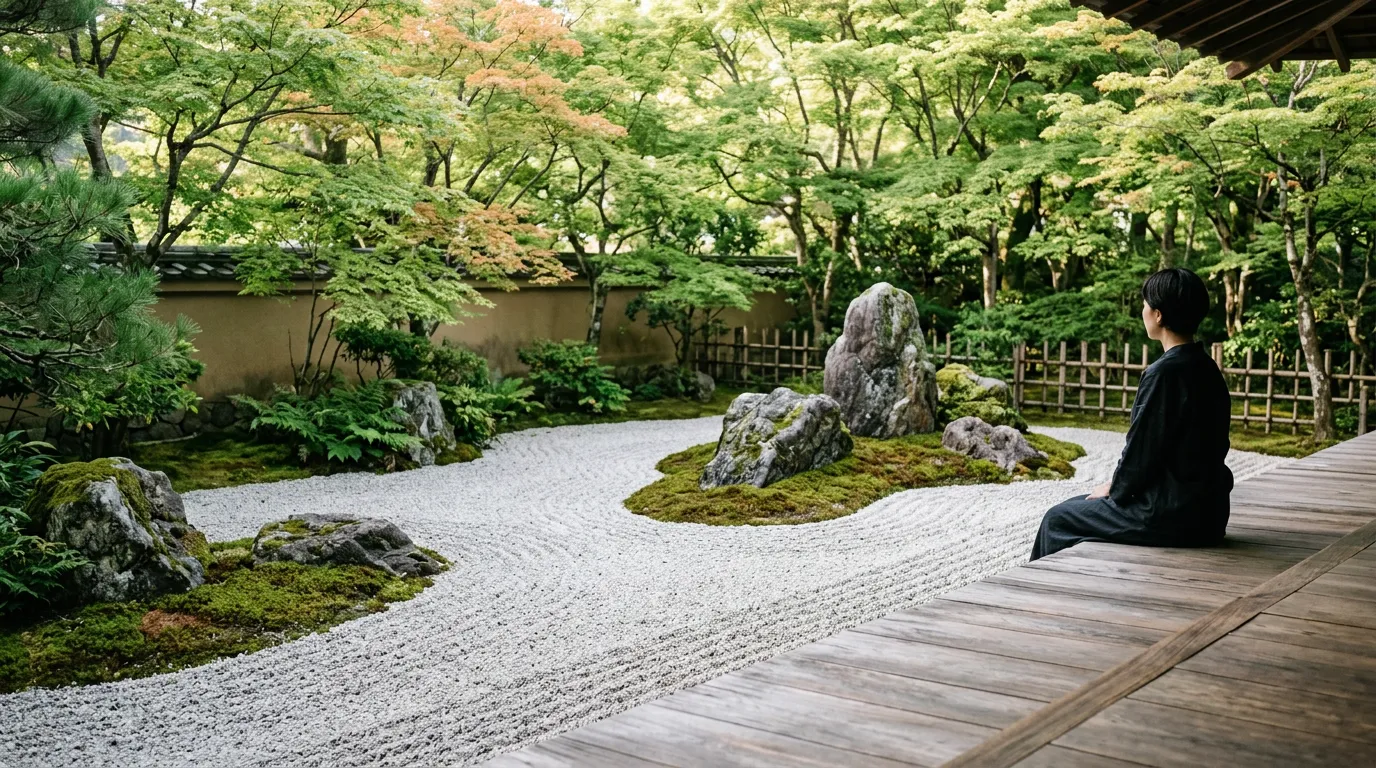 Best gardens in the world Japanese Zen rock garden with raked gravel and moss-covered rocks