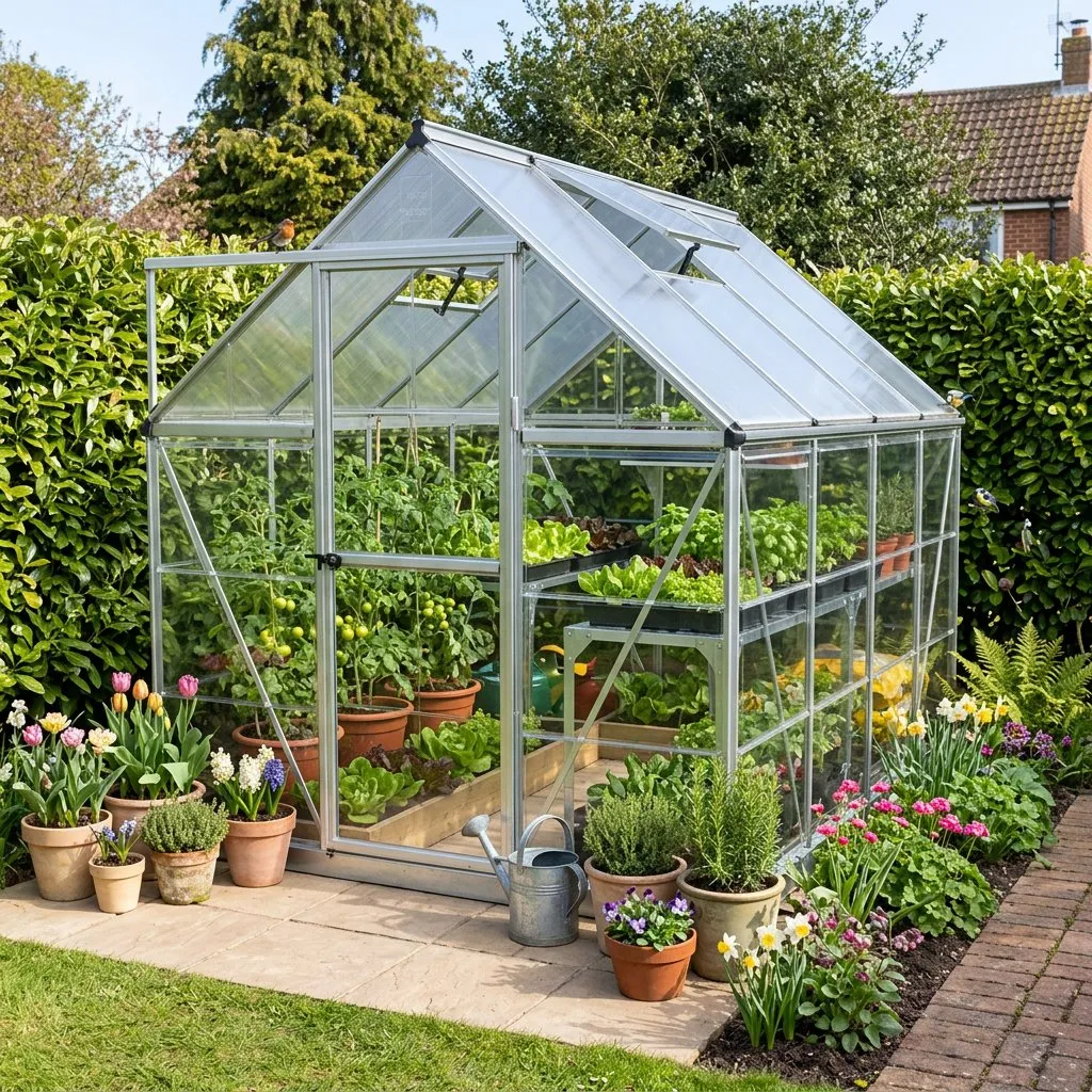 Greenhouse in a UK garden setting surrounded by plants and flowers
