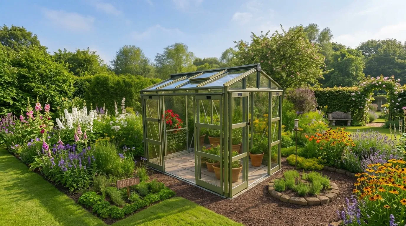 Elite Sanctuary 6x8 green greenhouse in a UK cottage garden with flowering borders