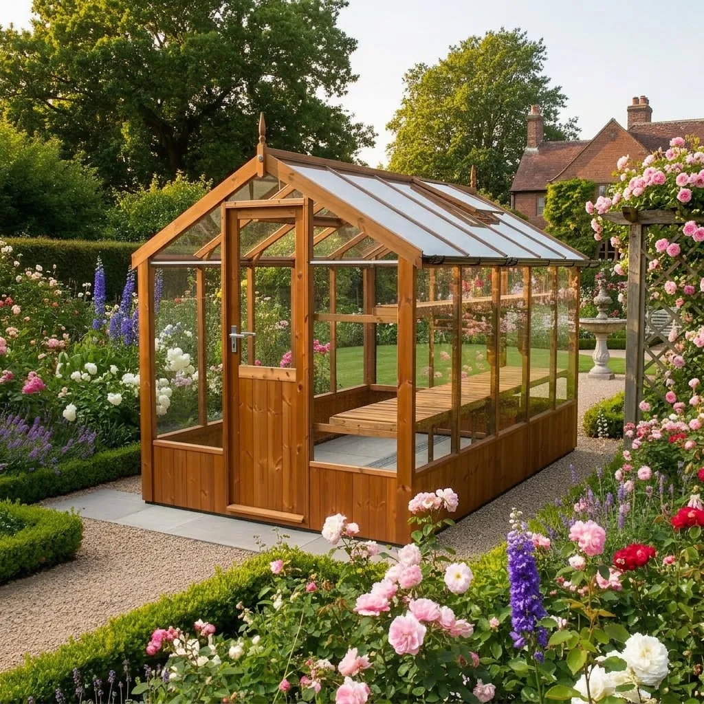 Swallow Kingfisher 6x10 cedar greenhouse in a cottage garden