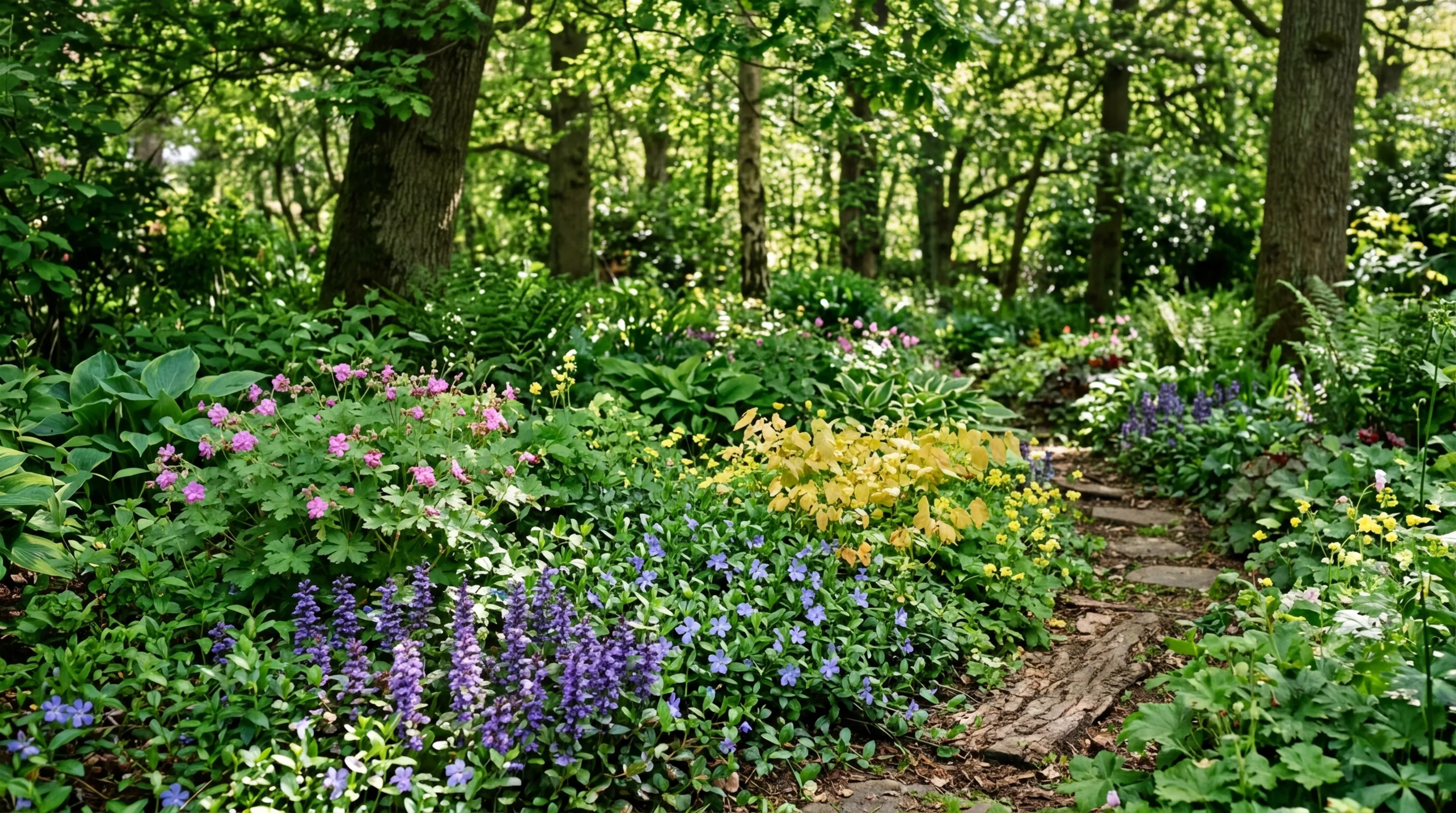 Best ground cover plants UK including ajuga vinca geranium and epimedium under trees in a mature garden border