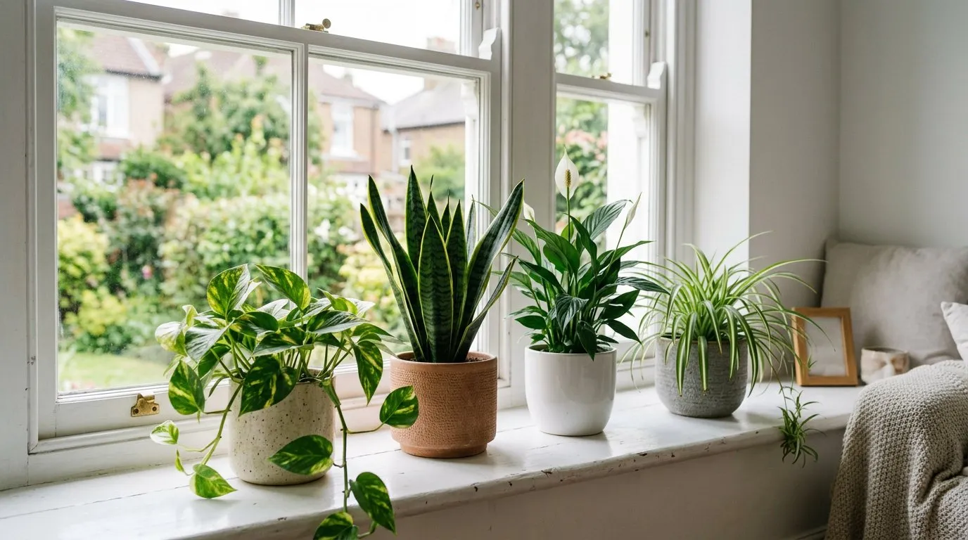 Bright UK windowsill with beginner house plants including pothos, snake plant, peace lily, and spider plant